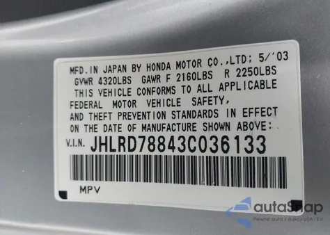 2003 Honda Cr-V Ex z USA, uszkodzony, nr VIN JHLRD78843C036133